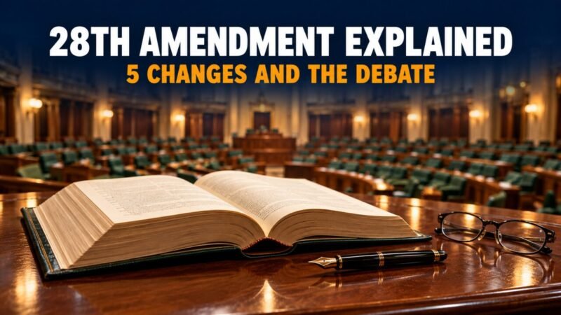 28th Amendment explained: open constitution book on a desk in an assembly hall