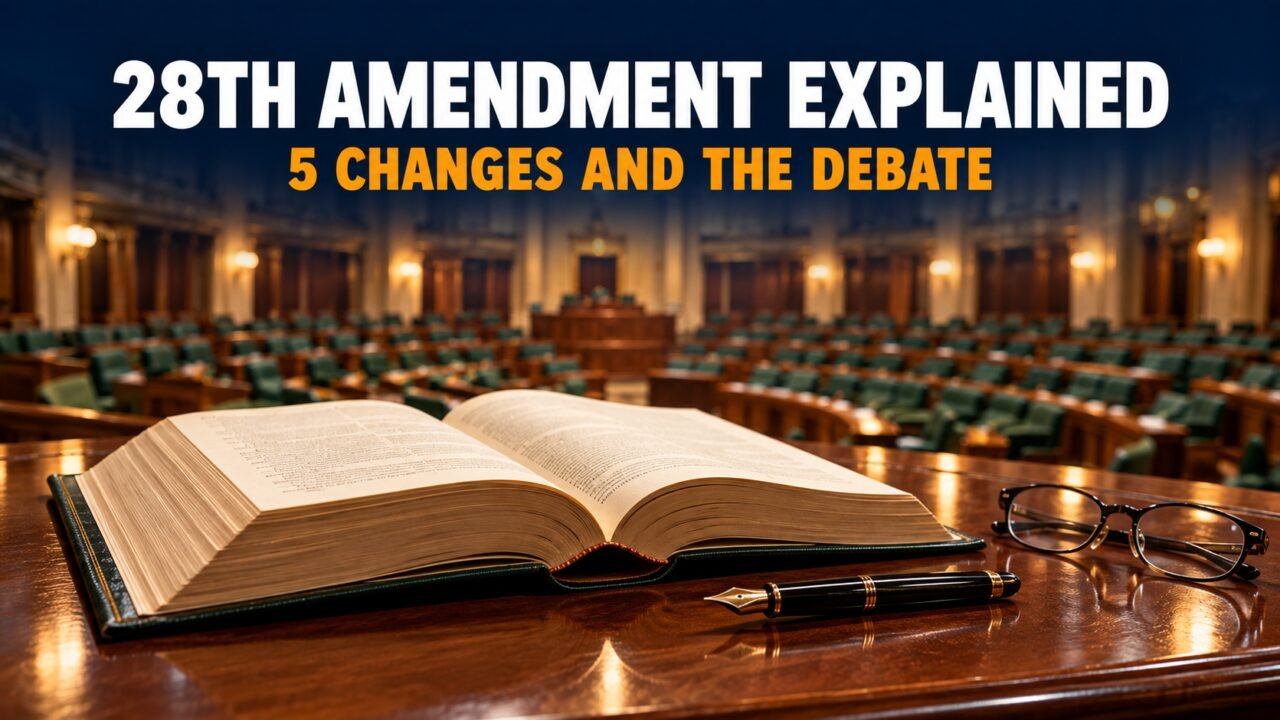 28th Amendment explained: open constitution book on a desk in an assembly hall