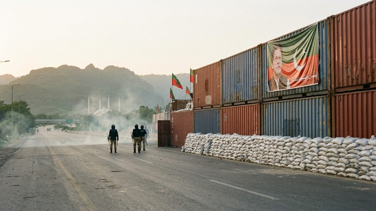 PTI protest 27 September: containers block a highway into Islamabad