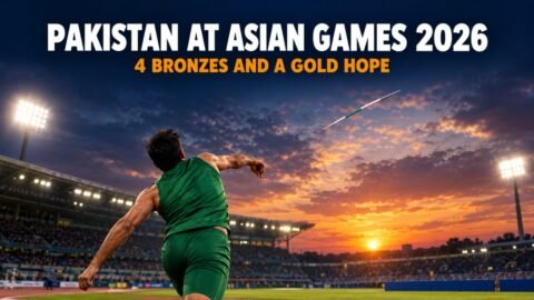 Pakistan at Asian Games 2026: javelin thrower releasing a throw in a floodlit stadium