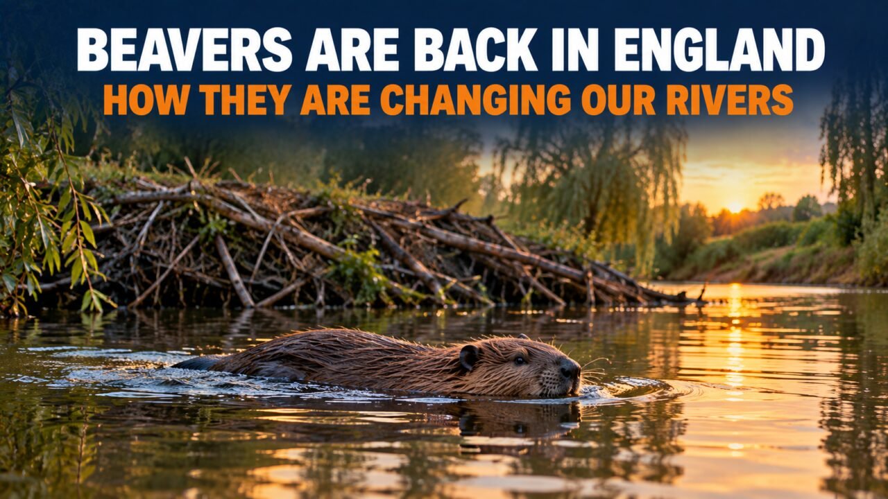 Beaver reintroduction in England: beaver swimming in a river at dusk