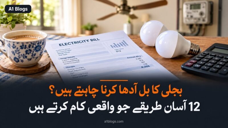 بجلی کا بل، میز پر رکھا بل، ایل ای ڈی بلب اور کیلکولیٹر