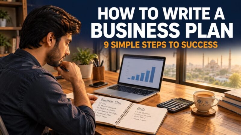 How to write a business plan: entrepreneur planning at a desk with a laptop and notes
