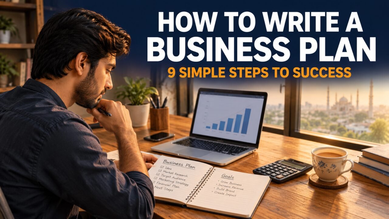 How to write a business plan: entrepreneur planning at a desk with a laptop and notes