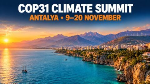 COP31 climate summit: Antalya coastline and wind turbines at golden hour