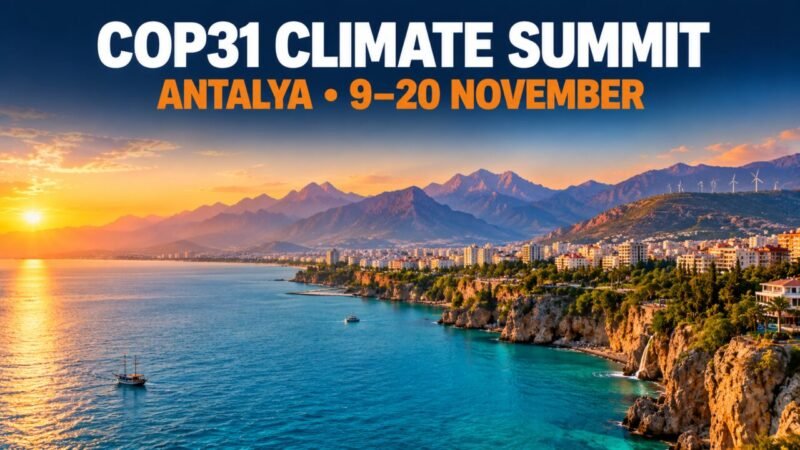 COP31 climate summit: Antalya coastline and wind turbines at golden hour