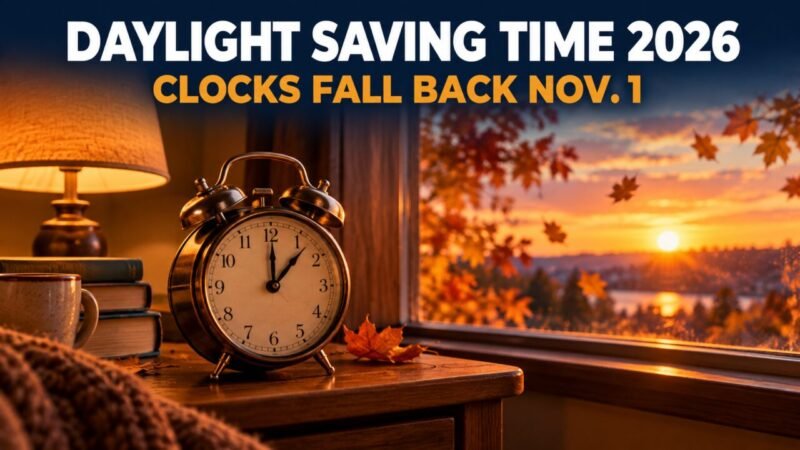 Daylight saving time 2026: alarm clock by a window at an autumn sunset