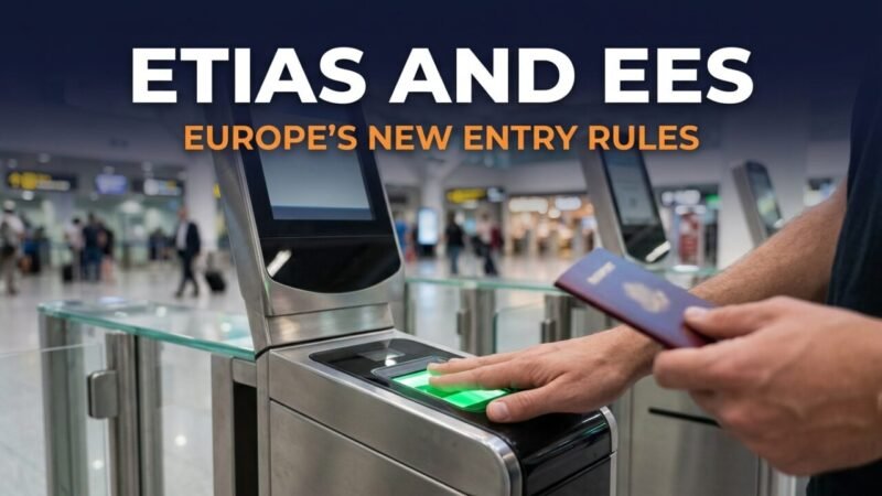 ETIAS and EES: traveler using a fingerprint scanner at a European border
