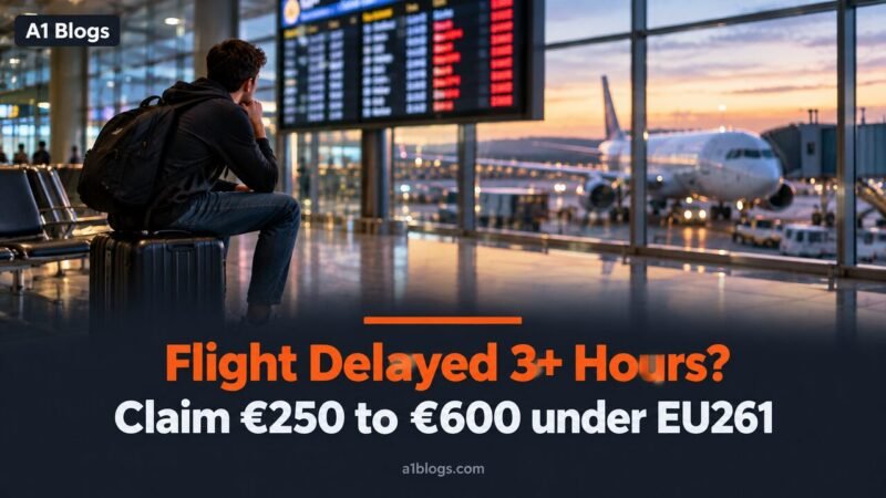Flight delay compensation, traveller waiting at an airport gate with a delayed departures board