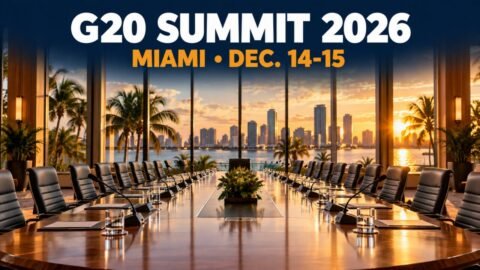 G20 summit 2026: empty summit table overlooking the Miami skyline
