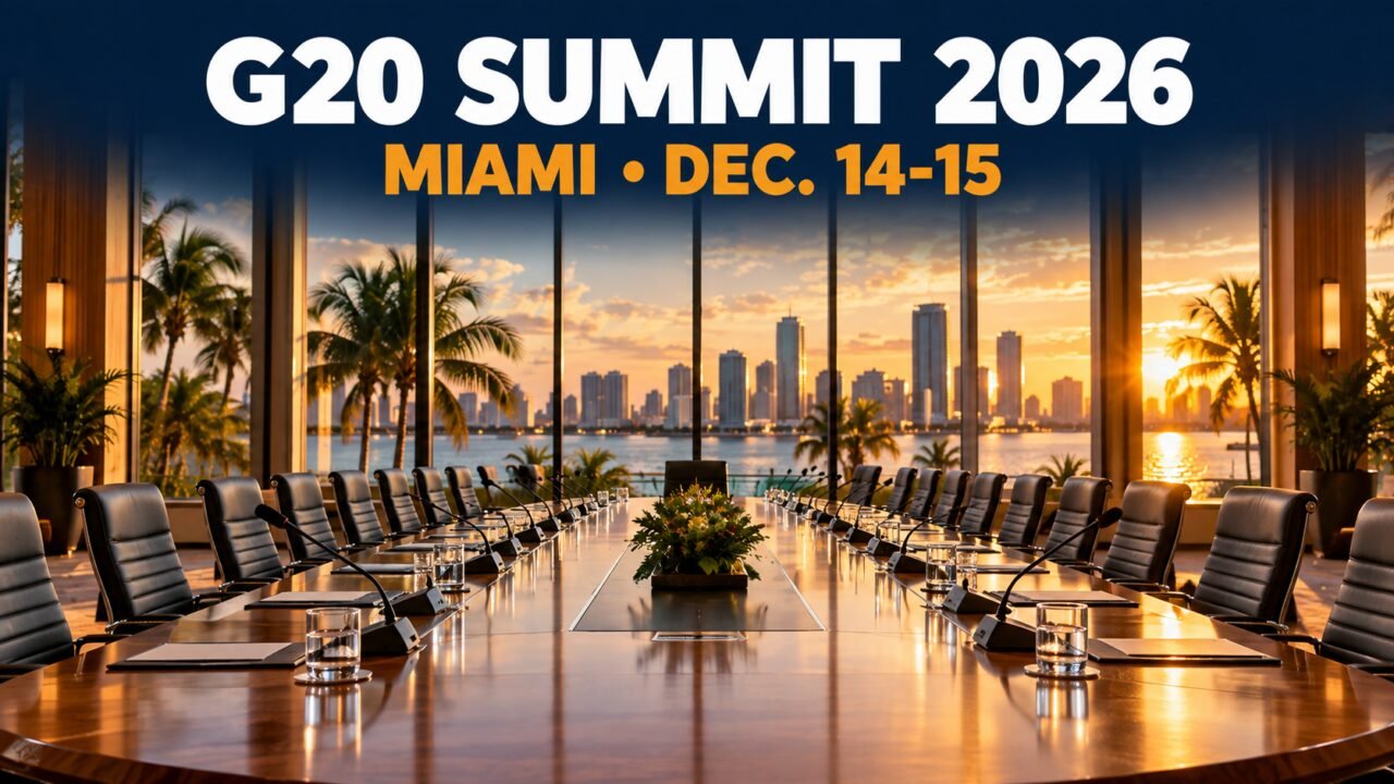 G20 summit 2026: empty summit table overlooking the Miami skyline