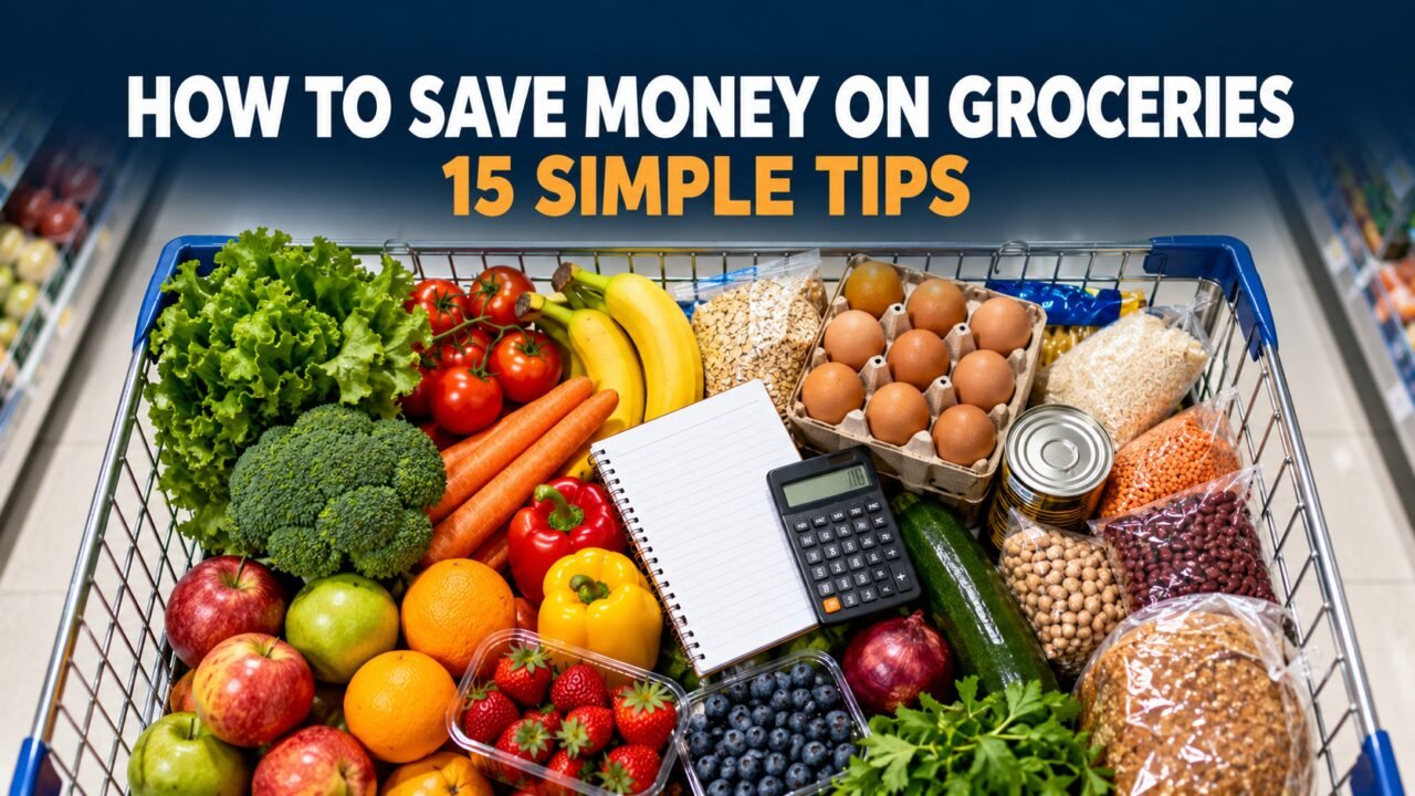 How to save money on groceries: shopping cart full of fresh food