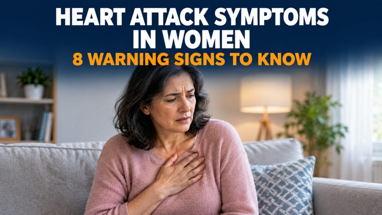 Heart attack symptoms in women: woman holding her chest at home