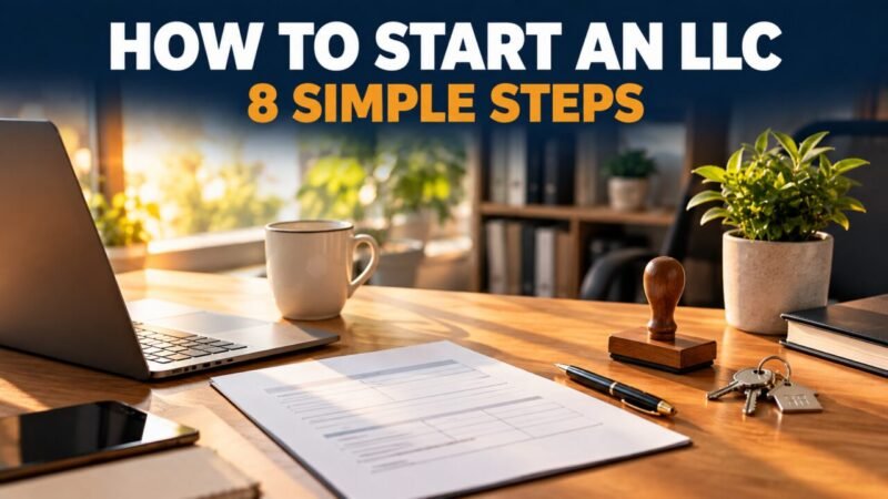 How to start an LLC: small business desk with a laptop and paperwork