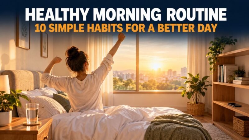 Healthy morning routine: sunlit bedroom with a glass of water at sunrise
