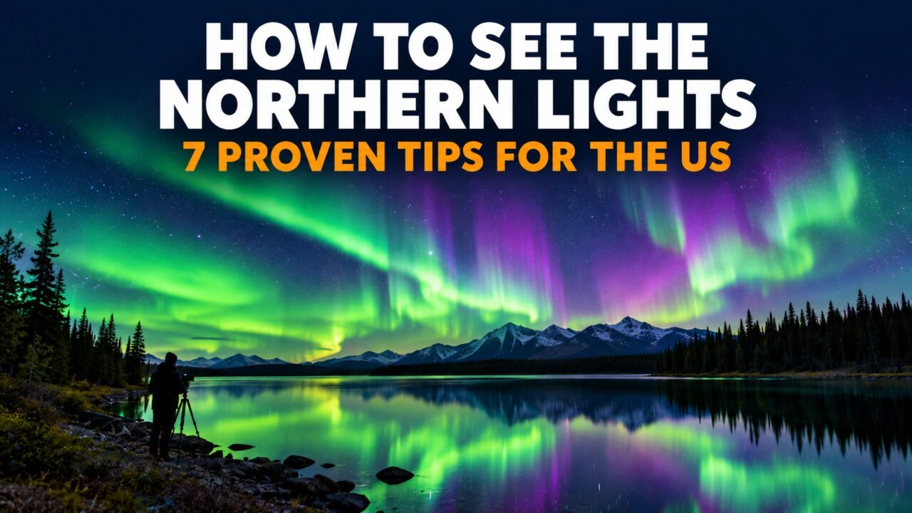 How to see the northern lights: aurora over a lake with pine trees