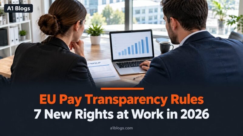 Pay transparency directive, two colleagues reviewing a pay chart in an office