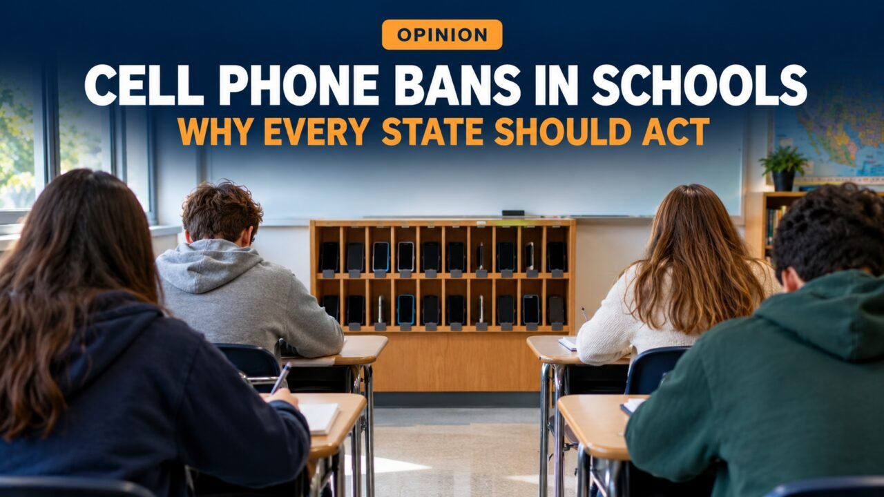 Cell phone bans in schools: phones stored in a classroom cabinet