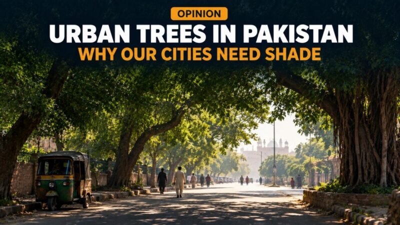 Urban trees in Pakistan shading a city road on a hot day