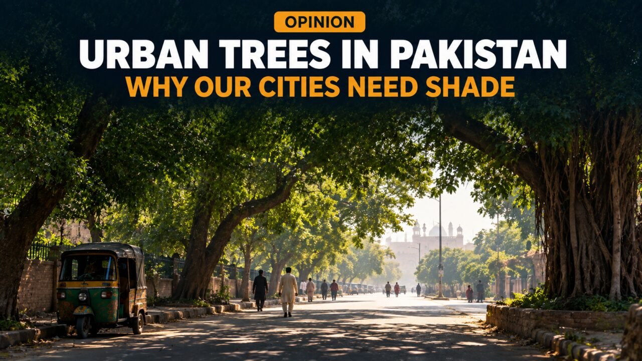 Urban trees in Pakistan shading a city road on a hot day