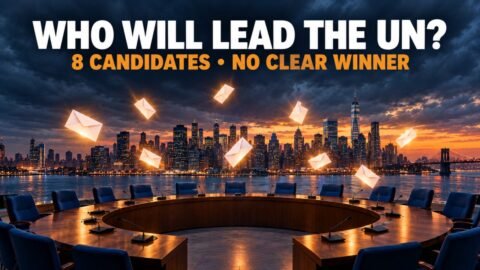 Next UN Secretary-General race: empty council table with ballots and the New York skyline