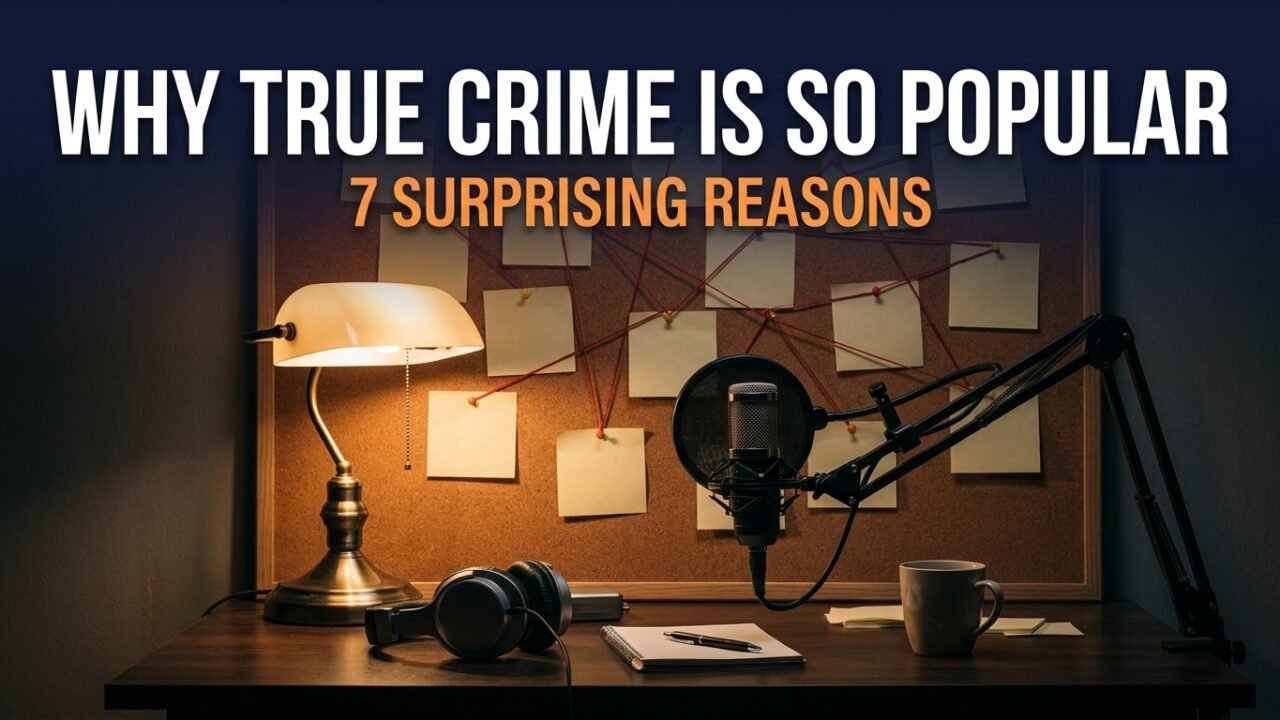 Why true crime is so popular: podcast microphone and evidence board