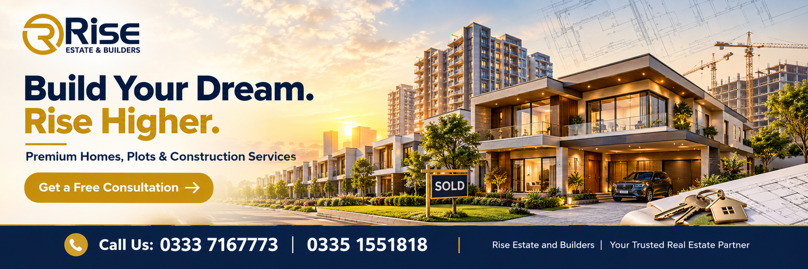Rise Estate and Builders: Build your dream, rise higher. Premium homes, plots and construction services. Call 0333 7167773 or 0335 1551818.