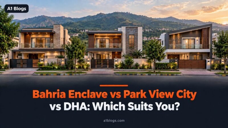 Bahria Enclave vs Park View City vs DHA Islamabad, three modern houses on a tree-lined street