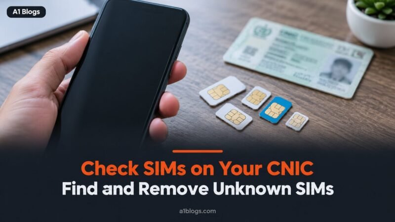 Check SIMs on CNIC, hand holding a smartphone next to SIM cards and an ID card