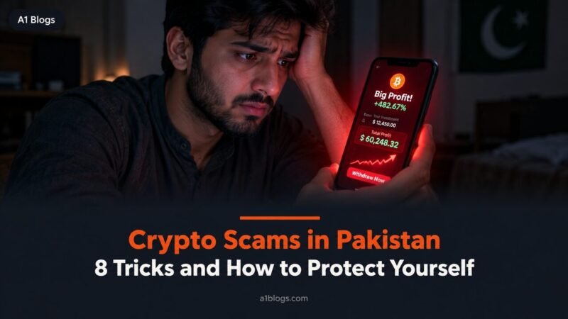 Crypto scams in Pakistan, worried man looking at a fake crypto profit app on his phone