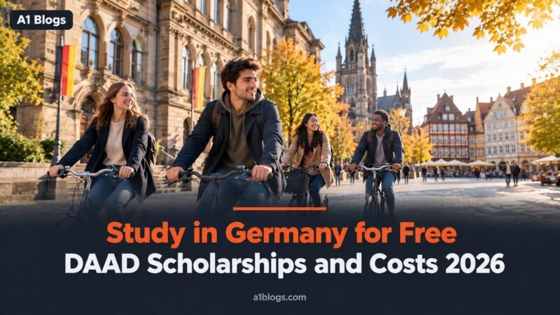 DAAD scholarship, students cycling across an autumn university campus in Germany