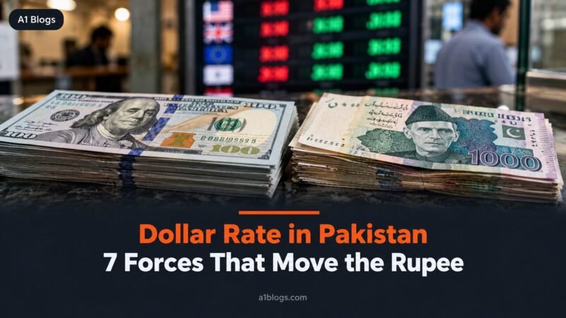 Dollar rate in Pakistan, US dollar and Pakistani rupee notes at a currency exchange counter