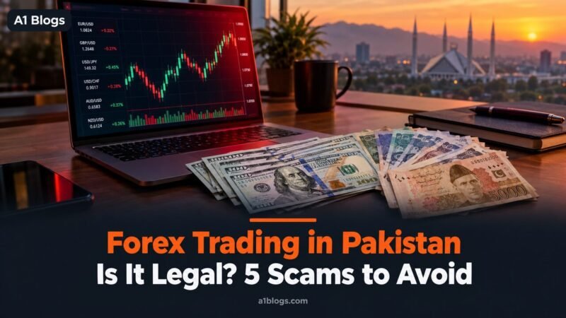 Forex trading in Pakistan, laptop with a forex chart beside dollar and rupee notes