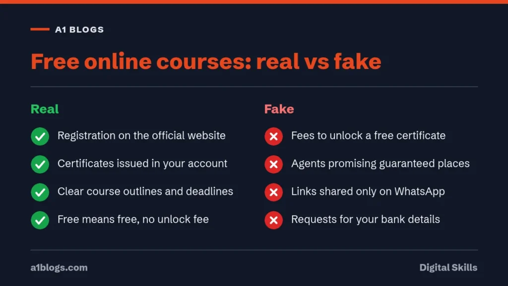 Free online courses with certificates: real free courses compared with fake offers