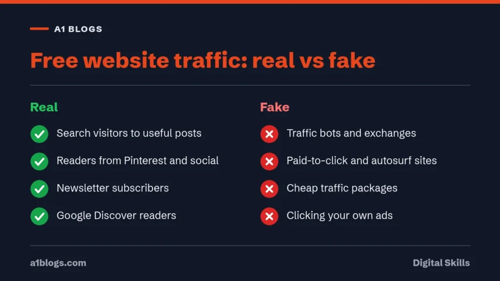 Free website traffic: real visitors compared with fake traffic sources