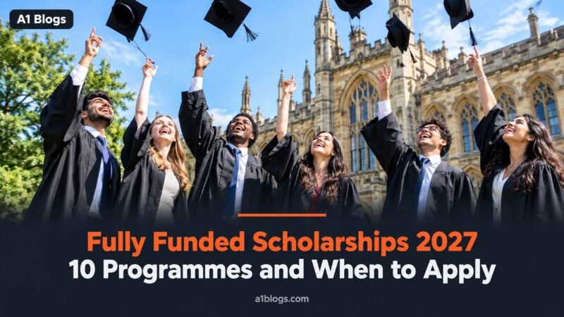 Fully funded scholarships, graduates celebrating outside a university after winning scholarships