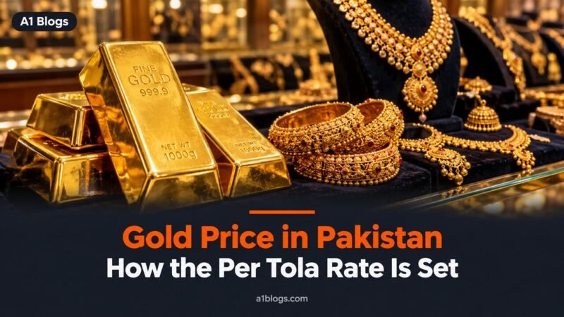 Gold price in Pakistan, gold bars and jewellery on display at a sarafa shop