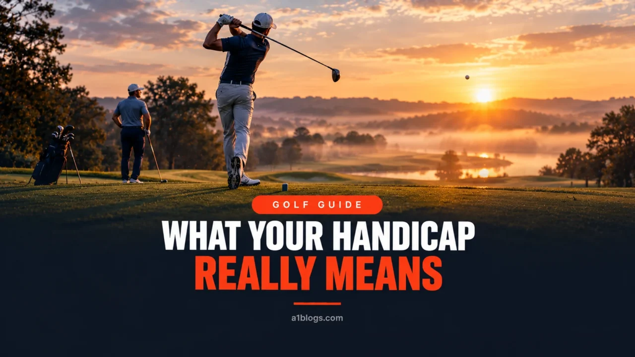 Golf handicap explained: golfer hitting a drive at sunrise on the fairway