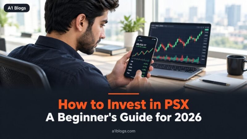 How to invest in PSX, young investors looking at a stock market chart on a laptop