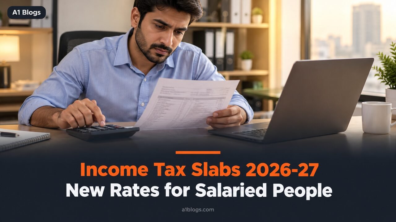 Income tax slabs 2026-27, office worker checking a payslip and calculator at a desk