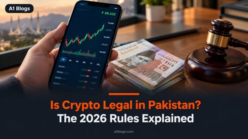 Is crypto legal in Pakistan, smartphone showing a crypto price chart beside a coin