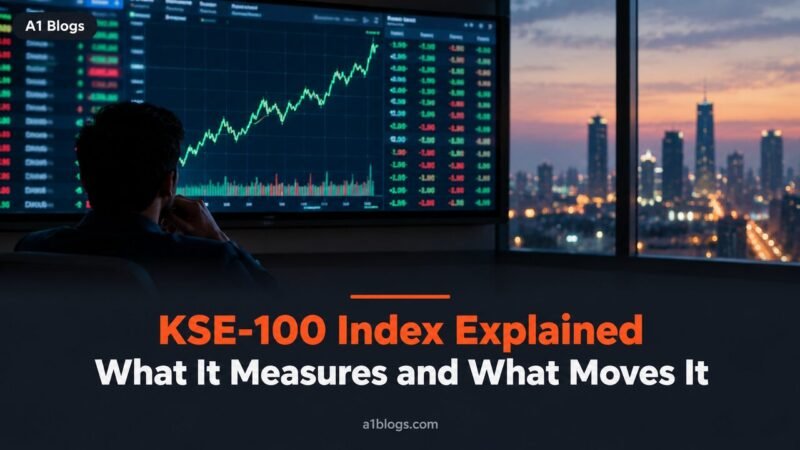 KSE-100 index, trader in front of a large stock index chart on a trading screen
