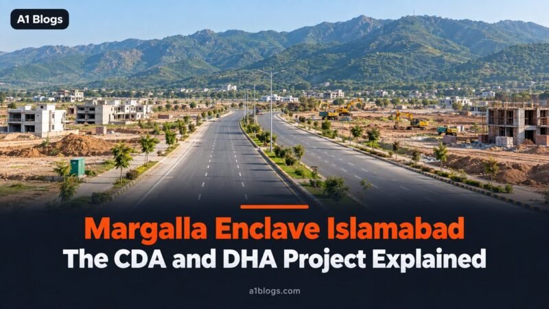 Margalla Enclave Islamabad, new boulevard and plots under development with the Margalla Hills behind