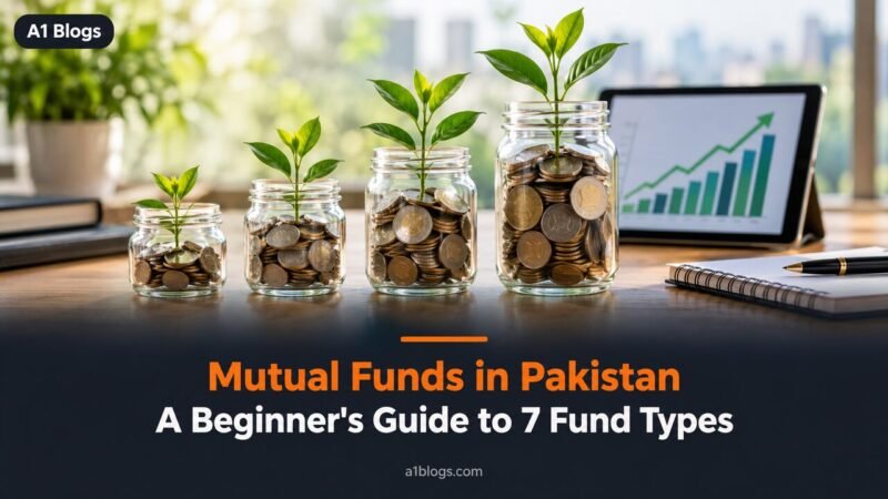 Mutual funds in Pakistan, coin jars with growing plants and a growth chart