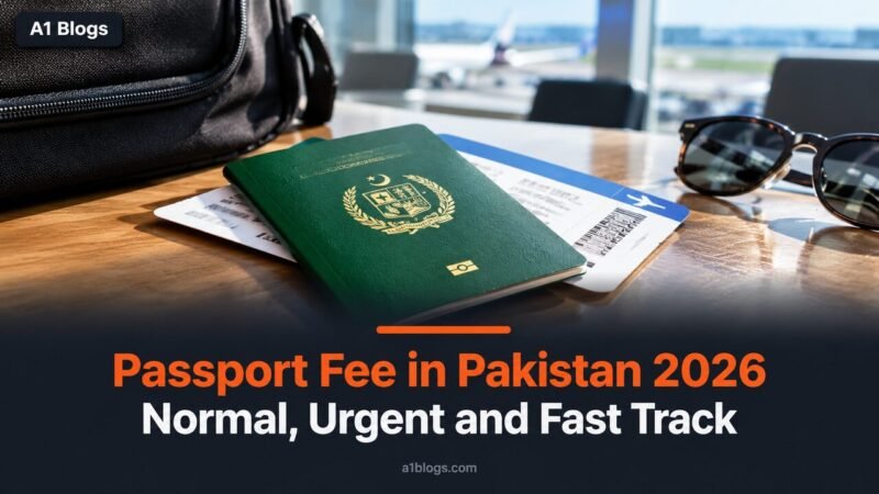 Passport fee in Pakistan, green Pakistani passport and boarding pass beside a travel bag