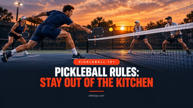 Pickleball rules: player volleying at the kitchen line during a doubles rally