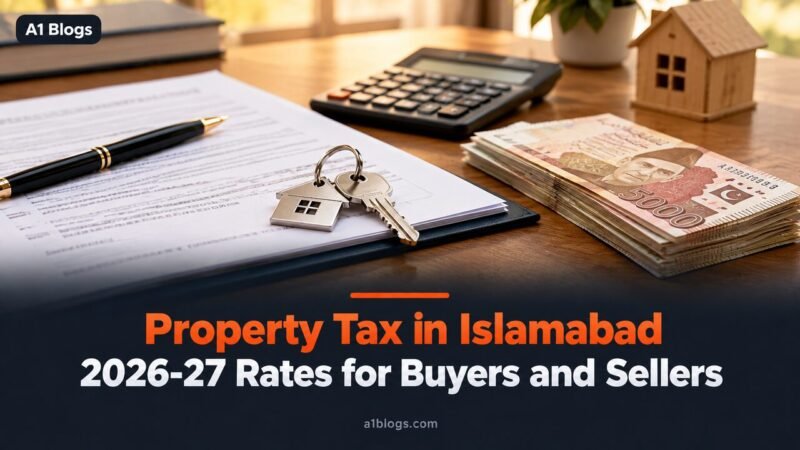 Property tax in Islamabad, property papers, calculator, house keys and rupee notes on a desk
