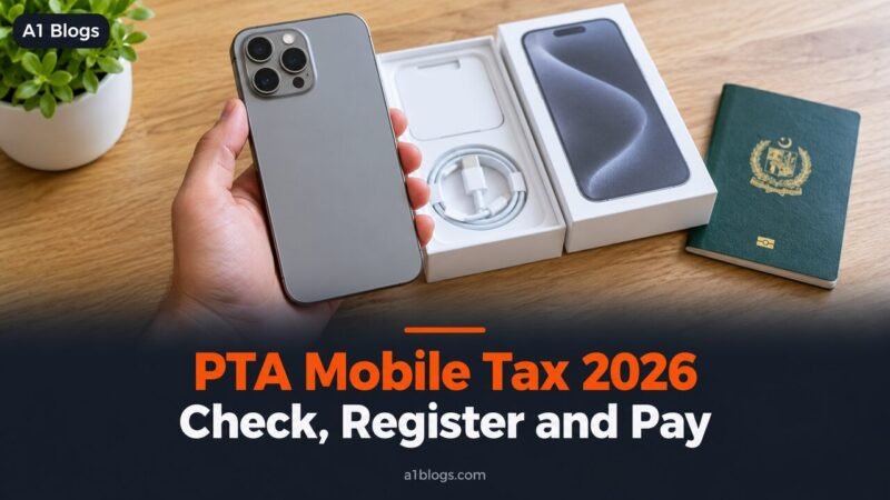 PTA mobile tax, new smartphone beside its box and a passport on a table