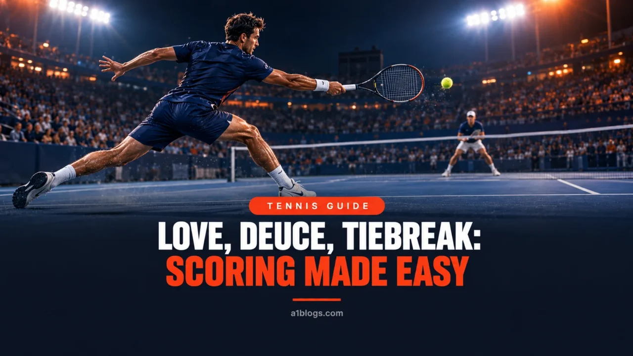 Tennis scoring explained: player hitting a forehand on a hard court at night