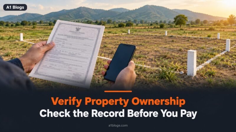 Verify property ownership, land record document held over a plot with boundary pillars